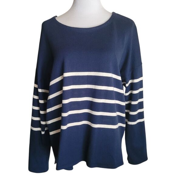 Eileen Fisher Navy Blue & Off White Stripe 100% Organic Cotton Sweater Size XL - Picture 1 of 8